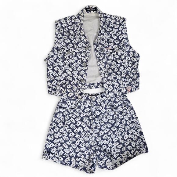 80s GUESS Georges Marciano Daisies High Rise Denim Jean Shorts Vest Set USA - Picture 2 of 13